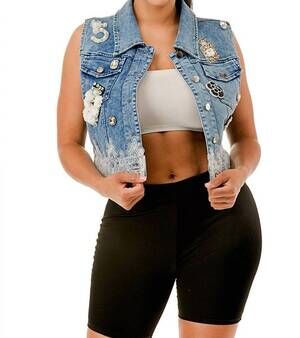 NEW SALT embellished brooch & lace trim cropped vest in denim